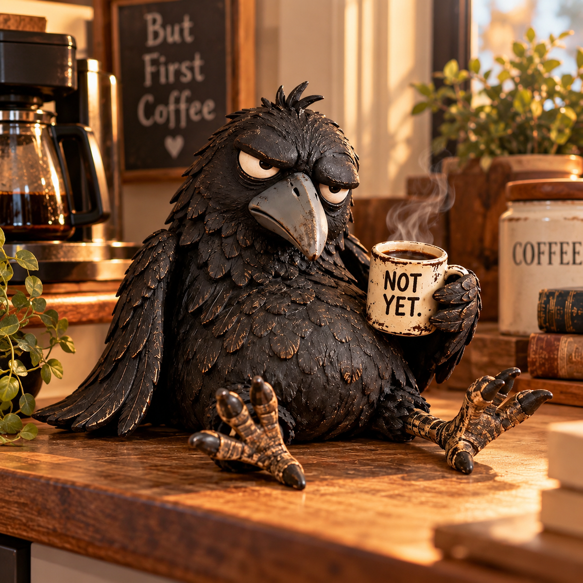 ☕Statuina del Corvo Brontolone del Caffè – “NOT YET” – Divertente decorazione mattutina
