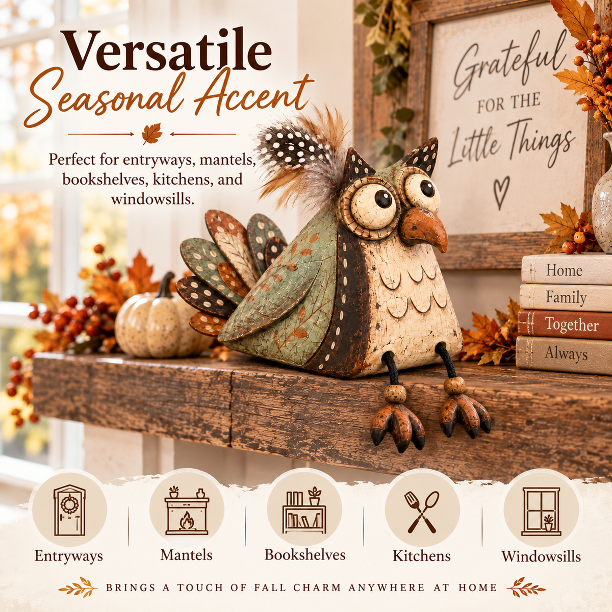 🦉🍂 Statuetta di gufo rustico per mensola--gambe penzolanti per un tocco country