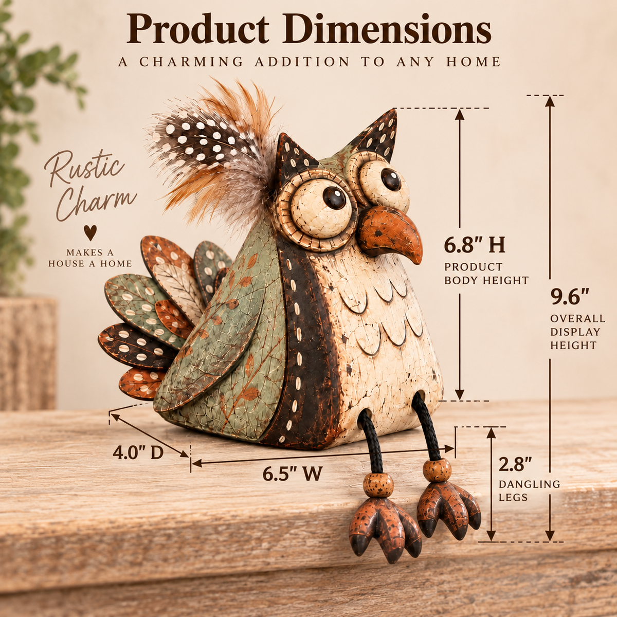 🦉🍂 Statuetta di gufo rustico per mensola--gambe penzolanti per un tocco country