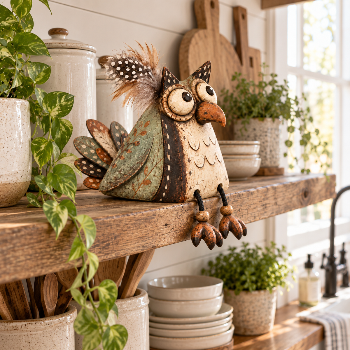 🦉🍂 Statuetta di gufo rustico per mensola--gambe penzolanti per un tocco country
