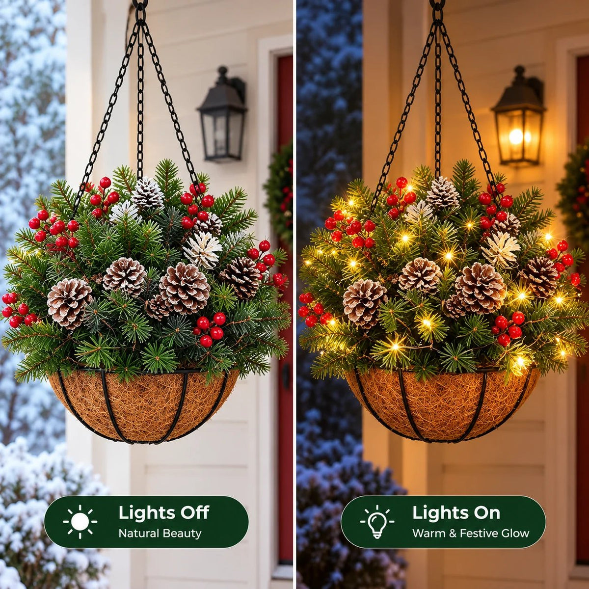 🌿✨Cesto sospeso pre-illuminato — Decorazione in fogliame sempreverde con luci LED, resistente alle intemperie e a zero manutenzione