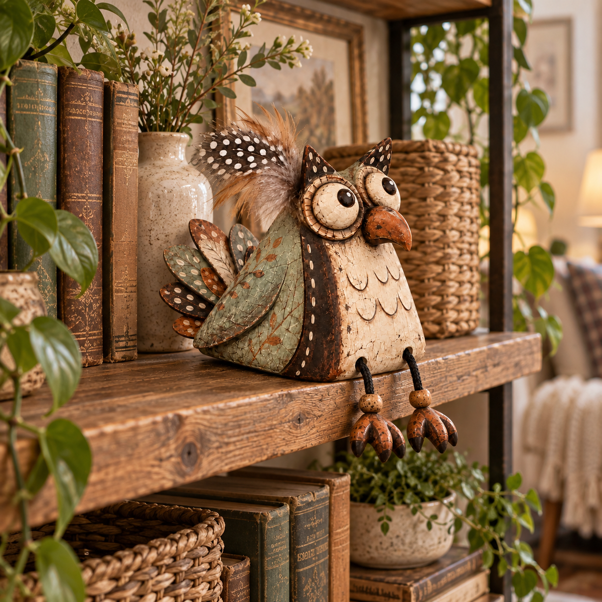 🦉🍂 Statuetta di gufo rustico per mensola--gambe penzolanti per un tocco country