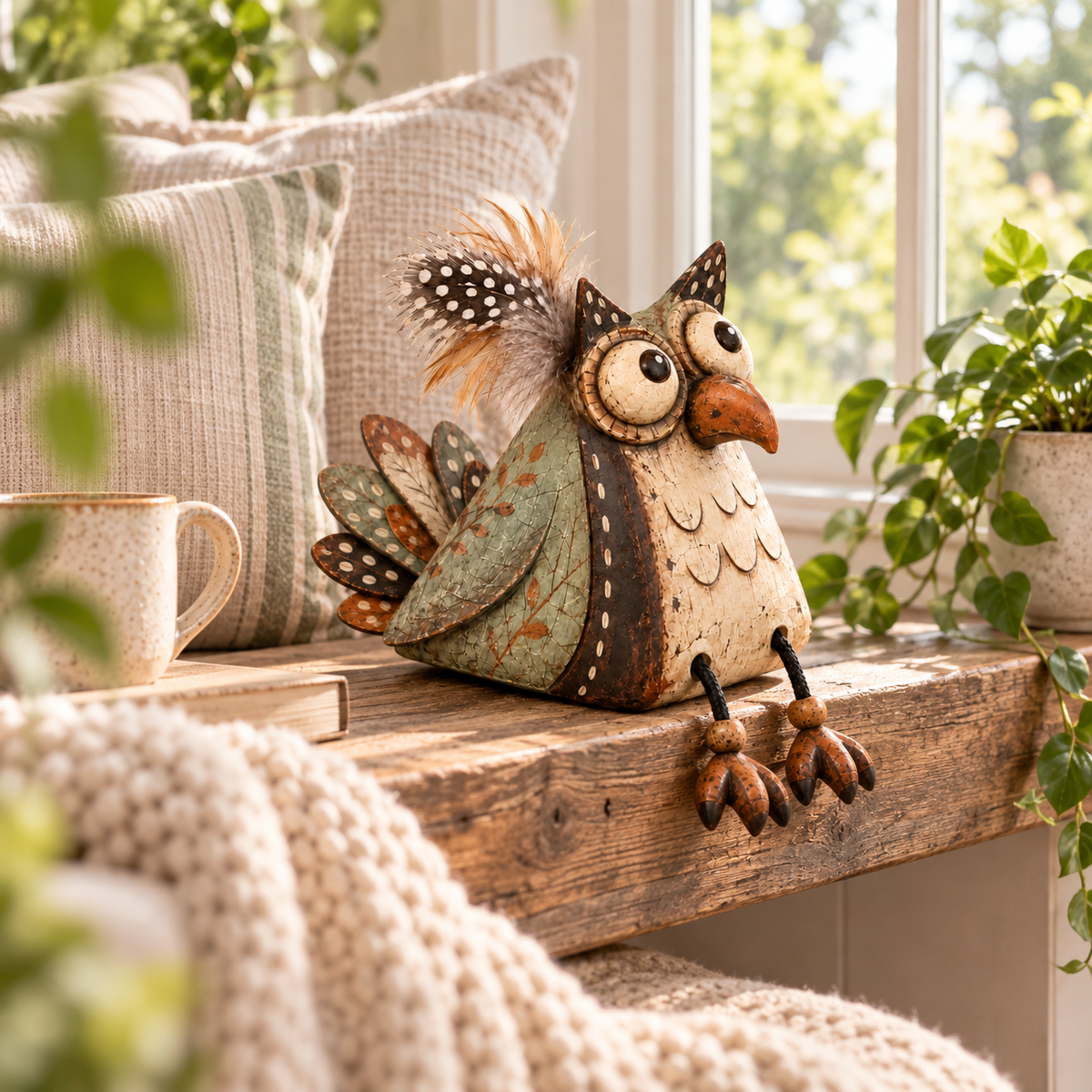 🦉🍂 Statuetta di gufo rustico per mensola--gambe penzolanti per un tocco country