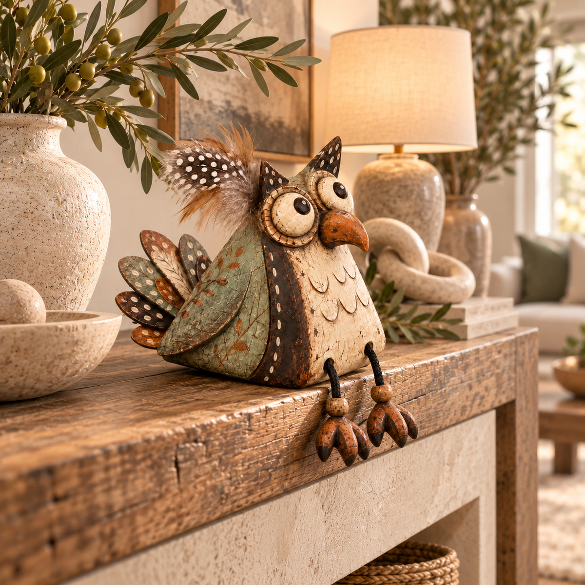 🦉🍂 Statuetta di gufo rustico per mensola--gambe penzolanti per un tocco country