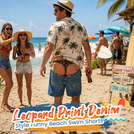 🐆 Pantaloncini da bagno divertenti in stile denim con stampa leopardata: costumi da bagno originali! 🏖️