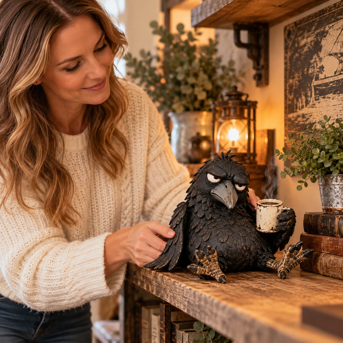 ☕Statuina del Corvo Brontolone del Caffè – “NOT YET” – Divertente decorazione mattutina