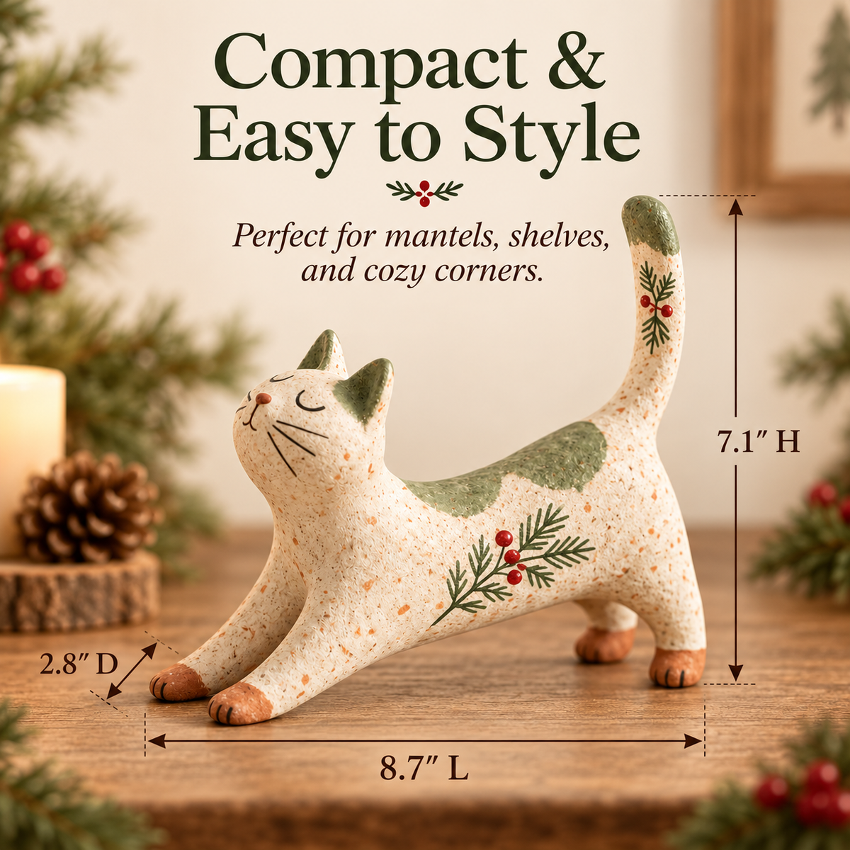 🐈🎄 Statuetta natalizia di gatto woodland--un tocco rustico e accogliente per la casa delle feste