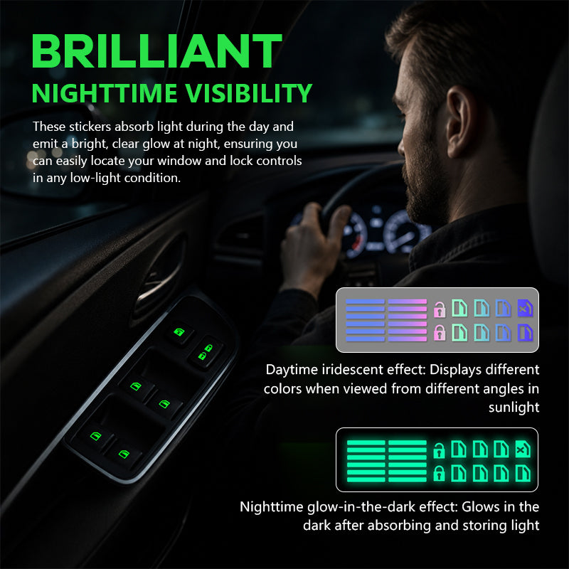💡Adesivi luminosi per l'interruttore degli alzacristalli dell'auto - Pulsante di avviso con luce notturna colorata
