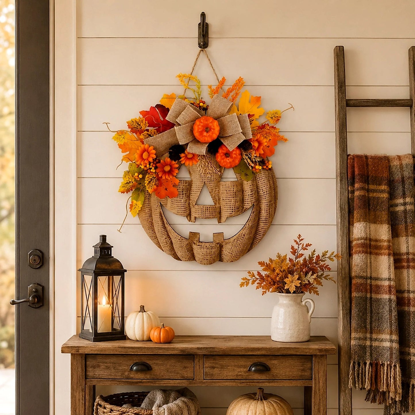 🎃✨ Decorazione autunnale per la porta con zucca luminosa in lino 🎃✨