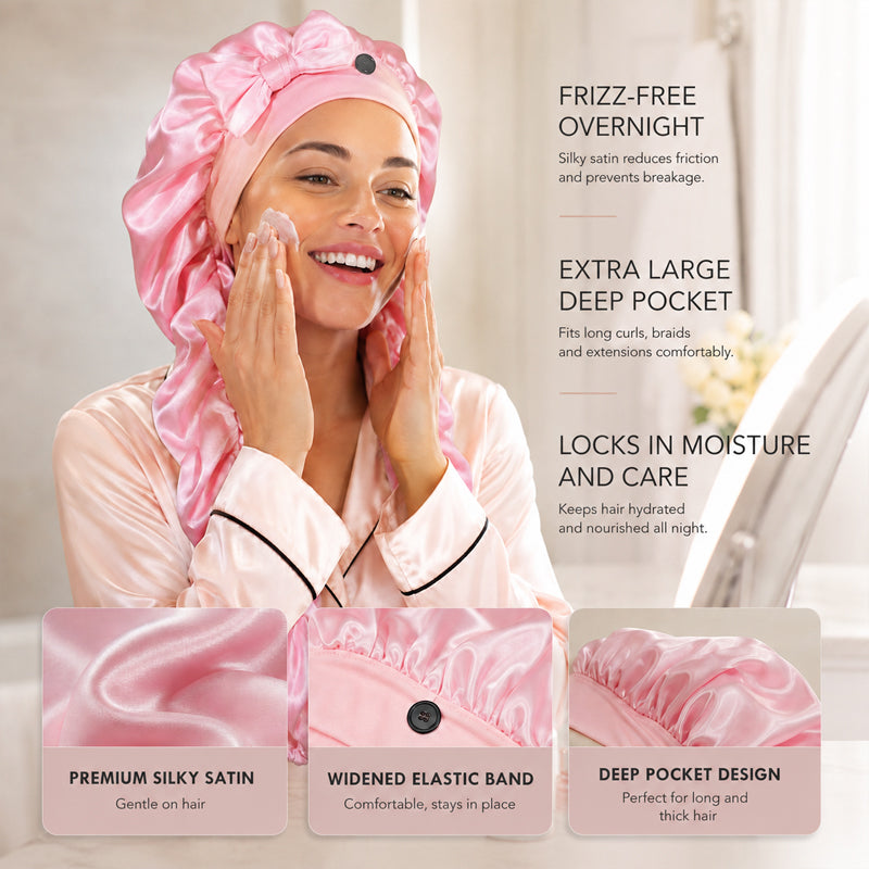 ✨Cuffia da notte antiscivolo con fiocco per capelli lunghi in seta：❤️ideale per dormire tutta la notte.