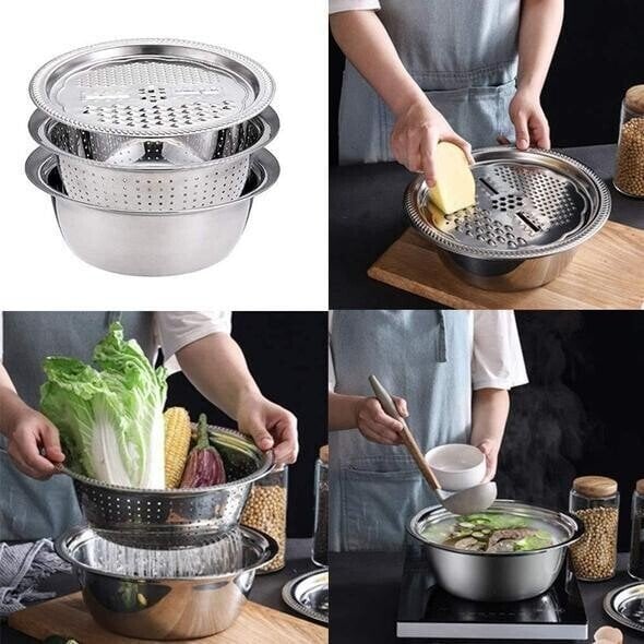 🥗Set 3 in 1 Ciotola Multiuso con Grattugia e Scolapasta ✨