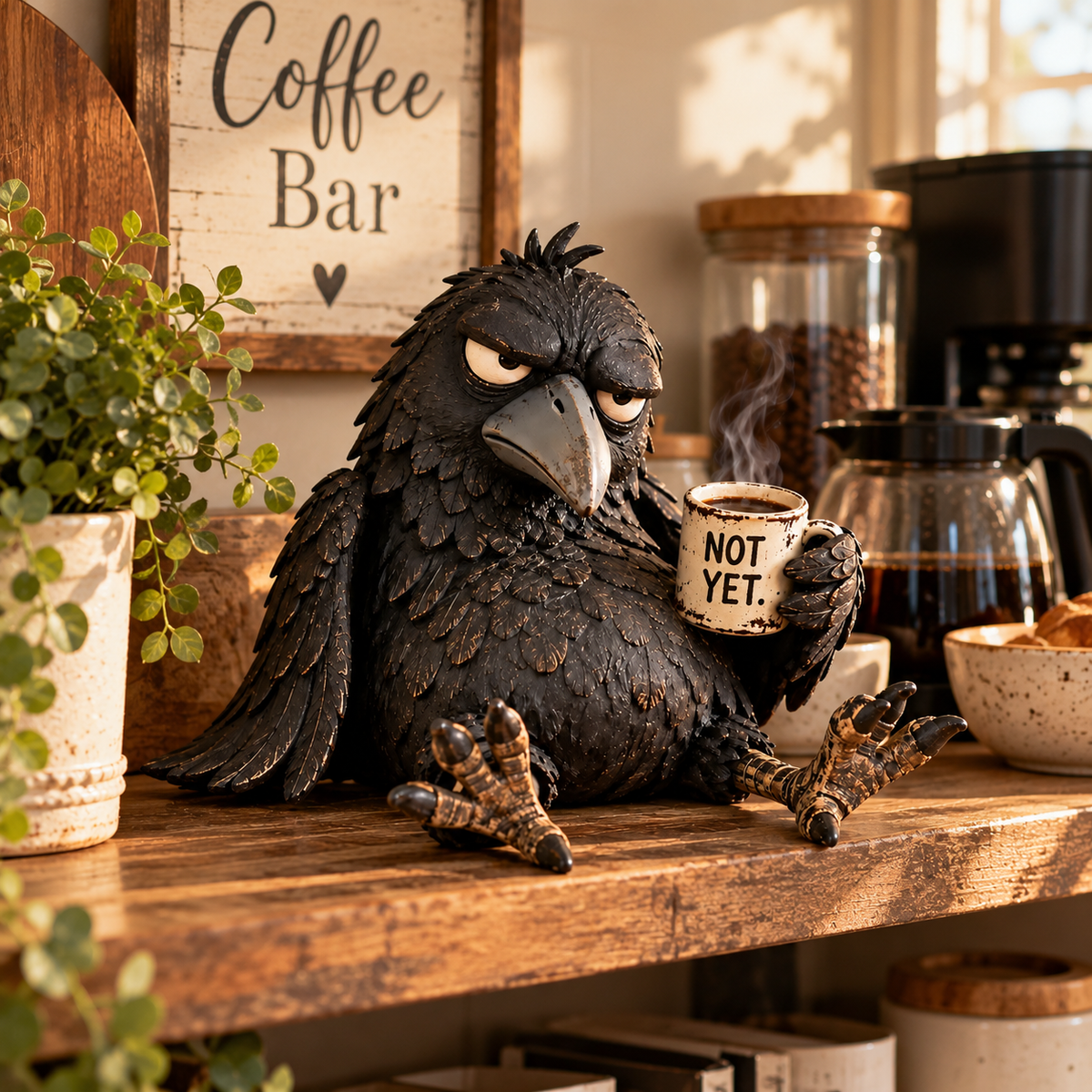 ☕Statuina del Corvo Brontolone del Caffè – “NOT YET” – Divertente decorazione mattutina