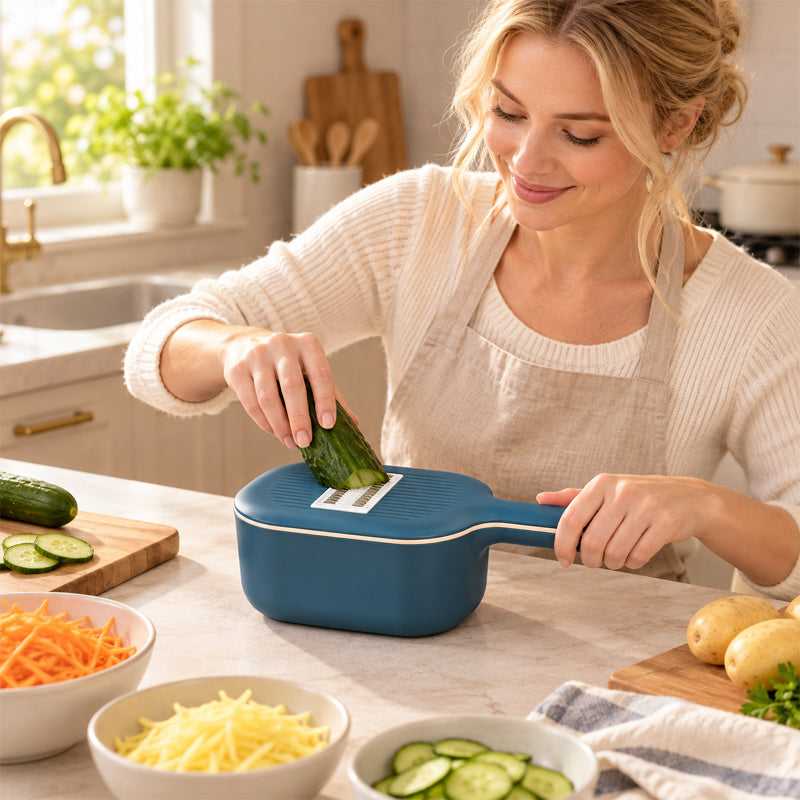 🥗 Tagliaverdure e grattugia 4-in-1 – Affettare e grattugiare facilmente, con contenitore integrato