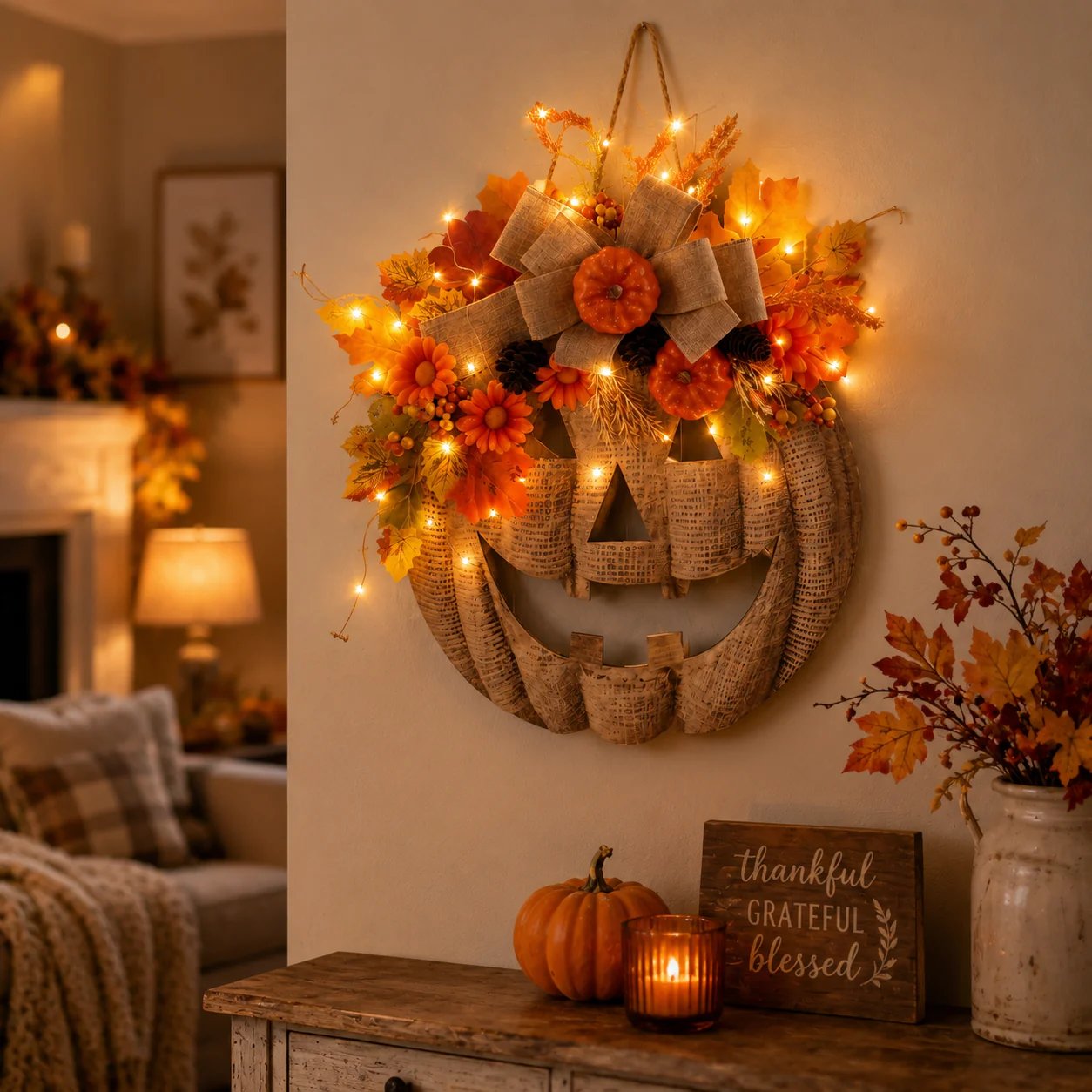 🎃✨ Decorazione autunnale per la porta con zucca luminosa in lino 🎃✨
