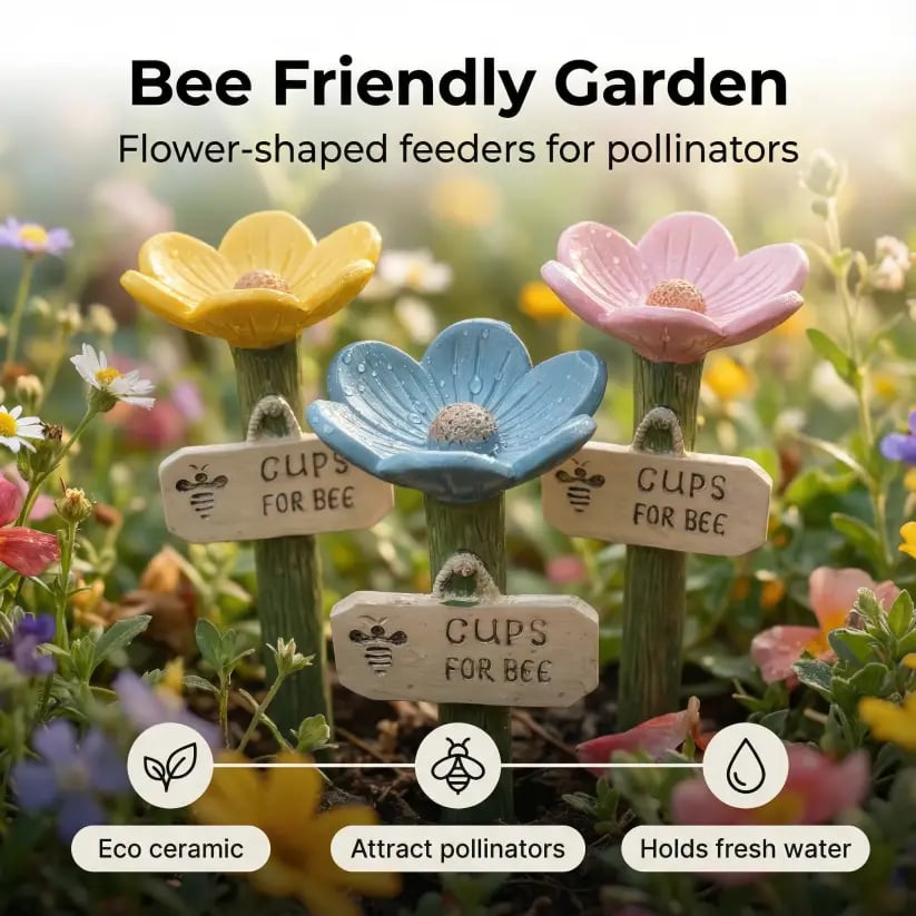 🌸🐝 Stazione api/acqua brevettata – 💧 Fiore in ceramica e protetto contro zanzare e formich