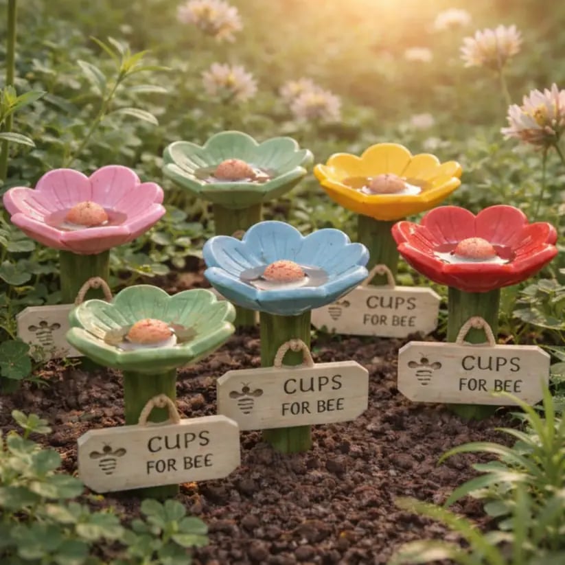 🌸🐝 Stazione api/acqua brevettata – 💧 Fiore in ceramica e protetto contro zanzare e formich