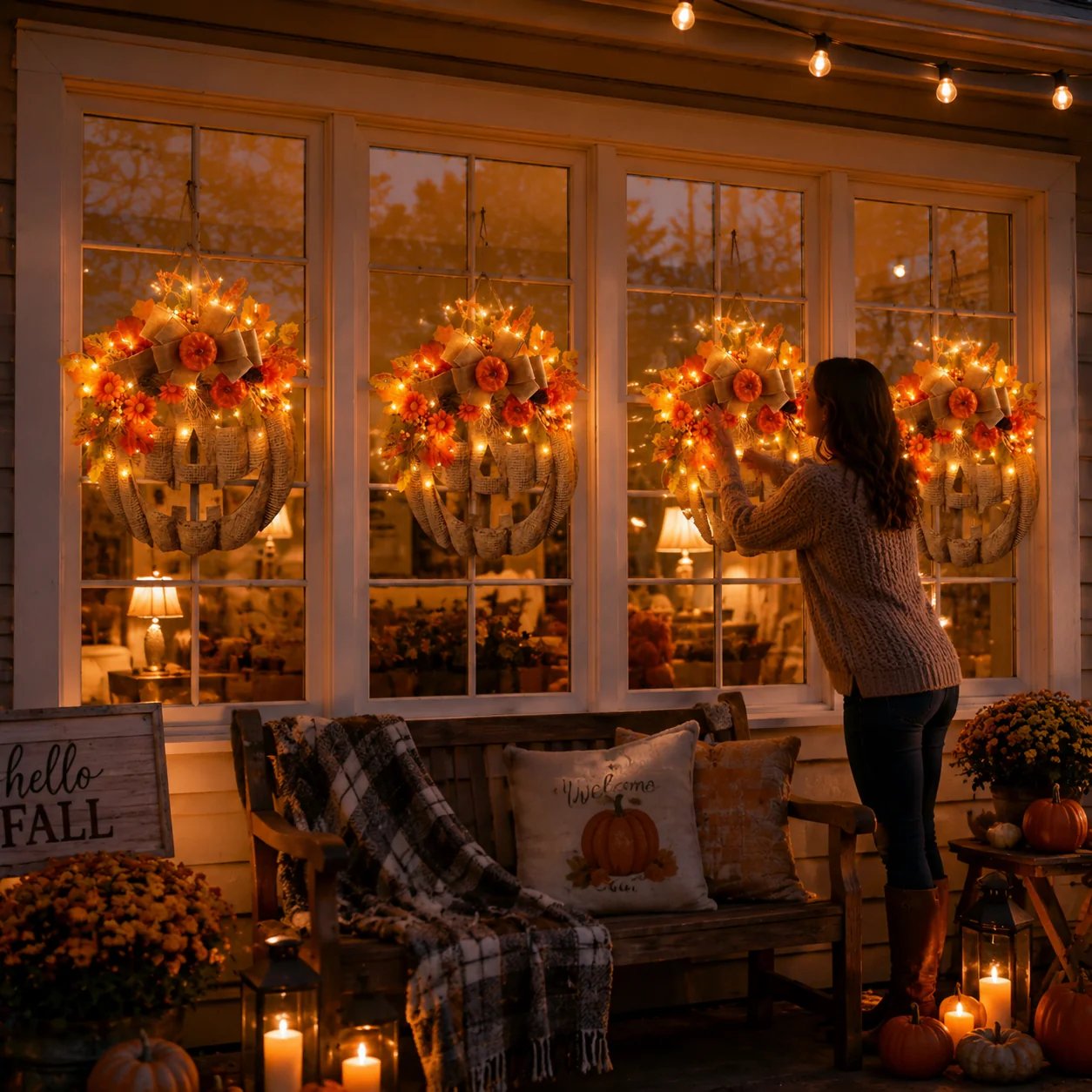 🎃✨ Decorazione autunnale per la porta con zucca luminosa in lino 🎃✨