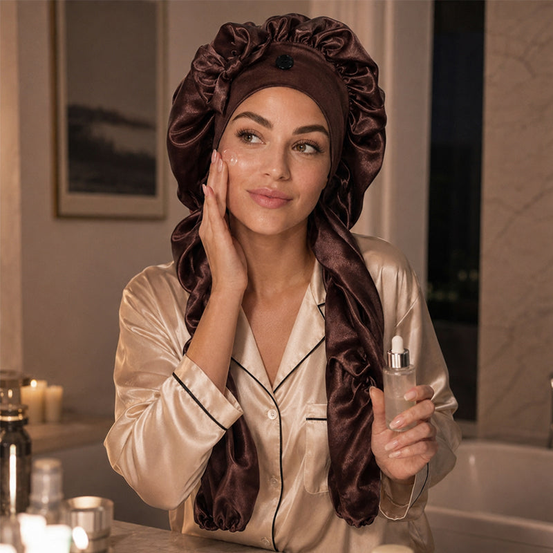 ✨Cuffia da notte antiscivolo con fiocco per capelli lunghi in seta：❤️ideale per dormire tutta la notte.