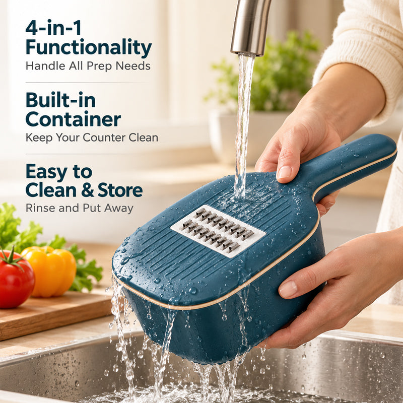🥗 Tagliaverdure e grattugia 4-in-1 – Affettare e grattugiare facilmente, con contenitore integrato