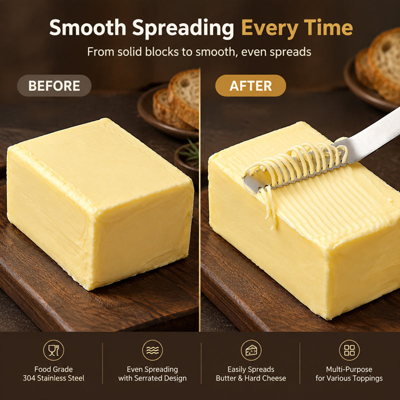 🧈🍽️ Spalmatore Multifunzione per Burro e Formaggio — Bordo Arricciaburro, Lato Seghettato e 3 Finiture