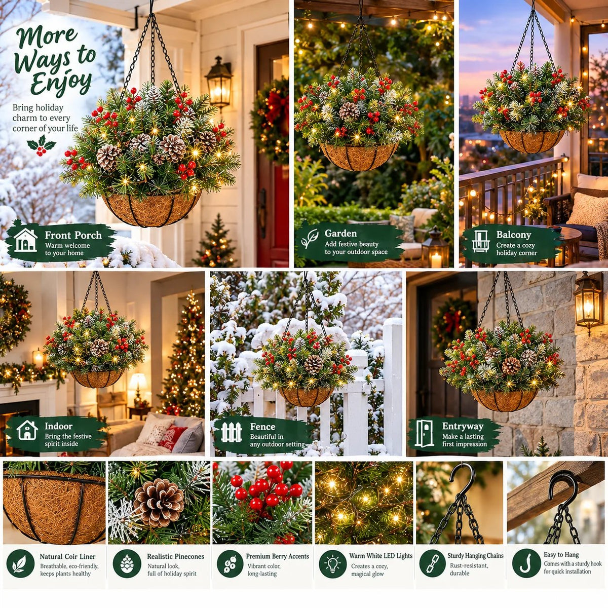 🌿✨Cesto sospeso pre-illuminato — Decorazione in fogliame sempreverde con luci LED, resistente alle intemperie e a zero manutenzione