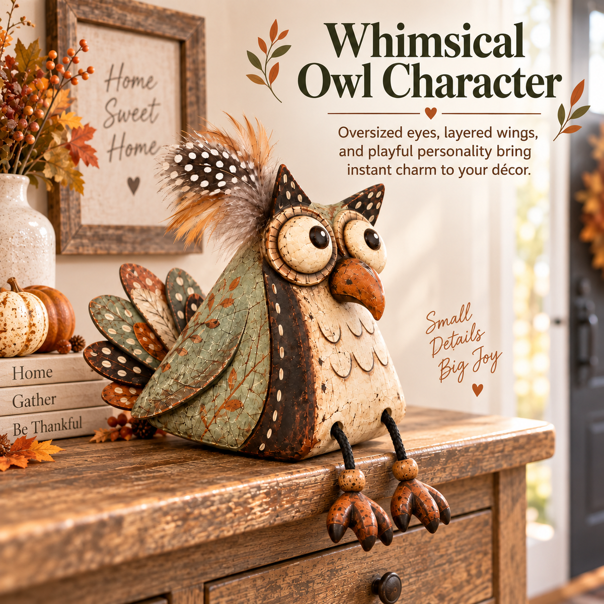 🦉🍂 Statuetta di gufo rustico per mensola--gambe penzolanti per un tocco country