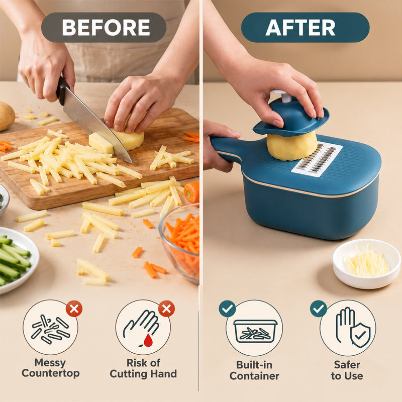 🥗 Tagliaverdure e grattugia 4-in-1 – Affettare e grattugiare facilmente, con contenitore integrato