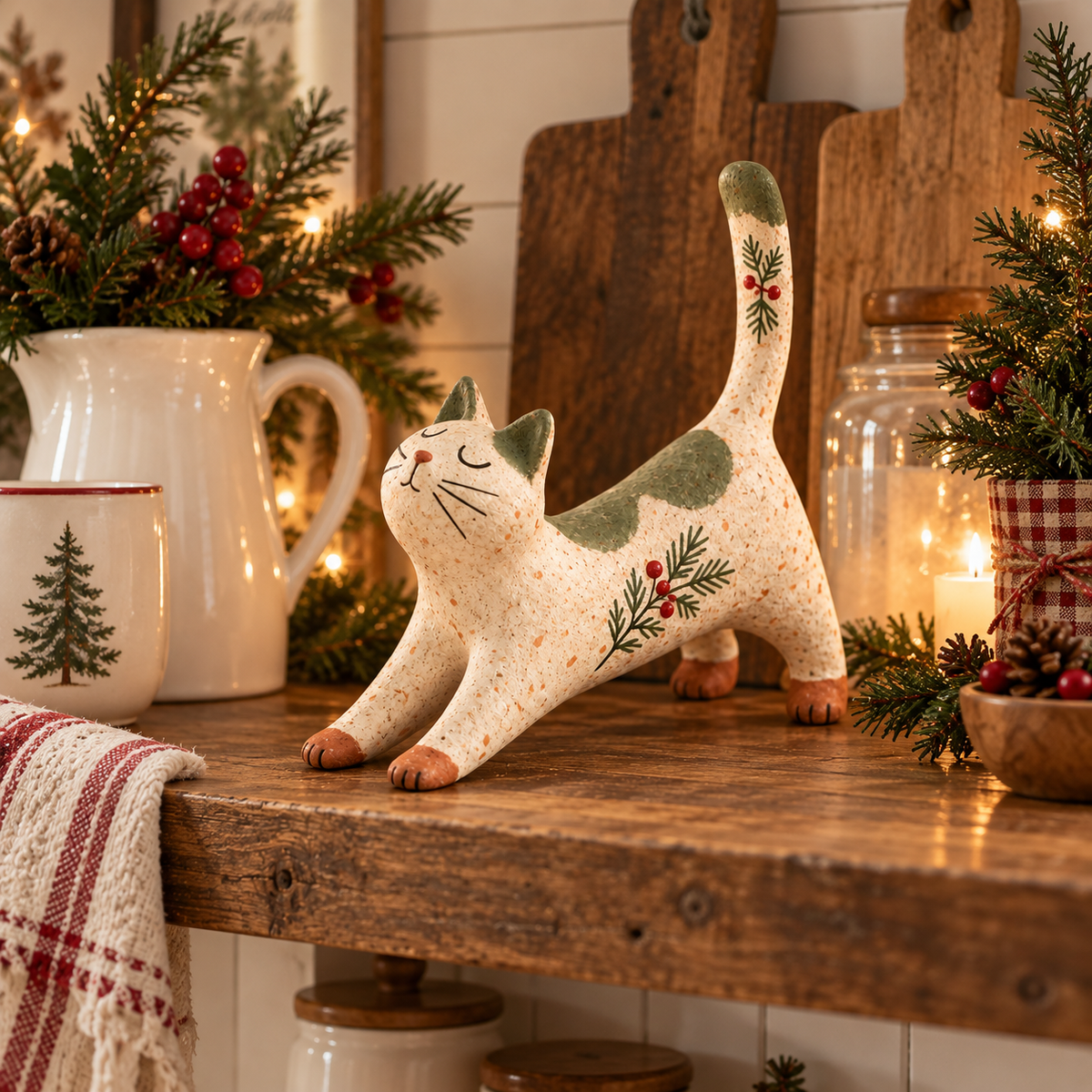 🐈🎄 Statuetta natalizia di gatto woodland--un tocco rustico e accogliente per la casa delle feste