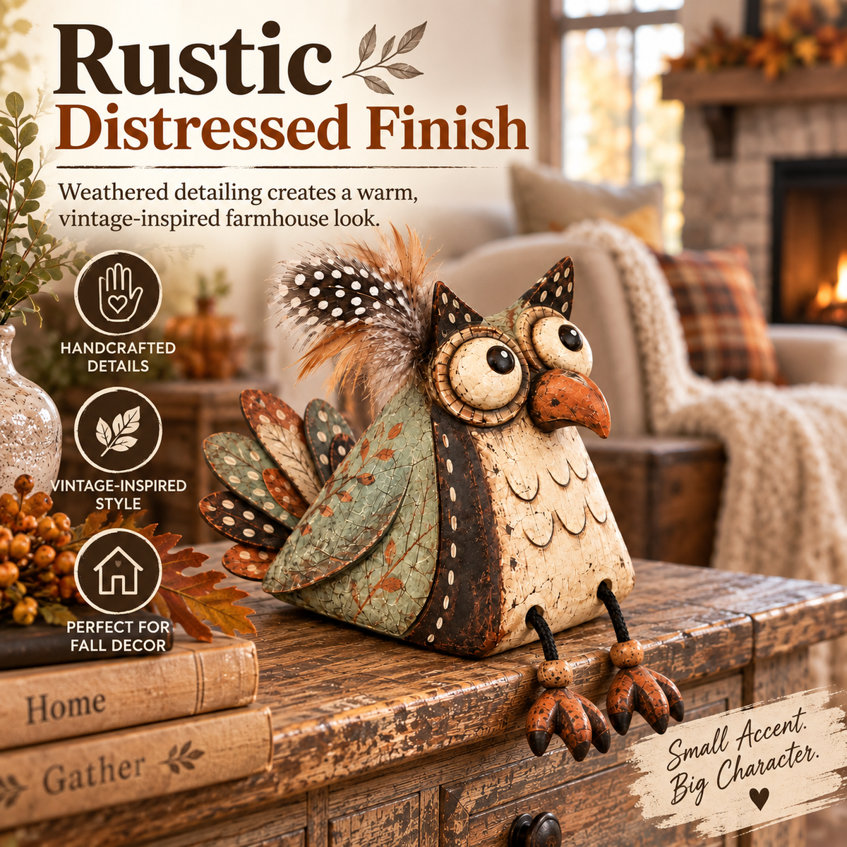 🦉🍂 Statuetta di gufo rustico per mensola--gambe penzolanti per un tocco country