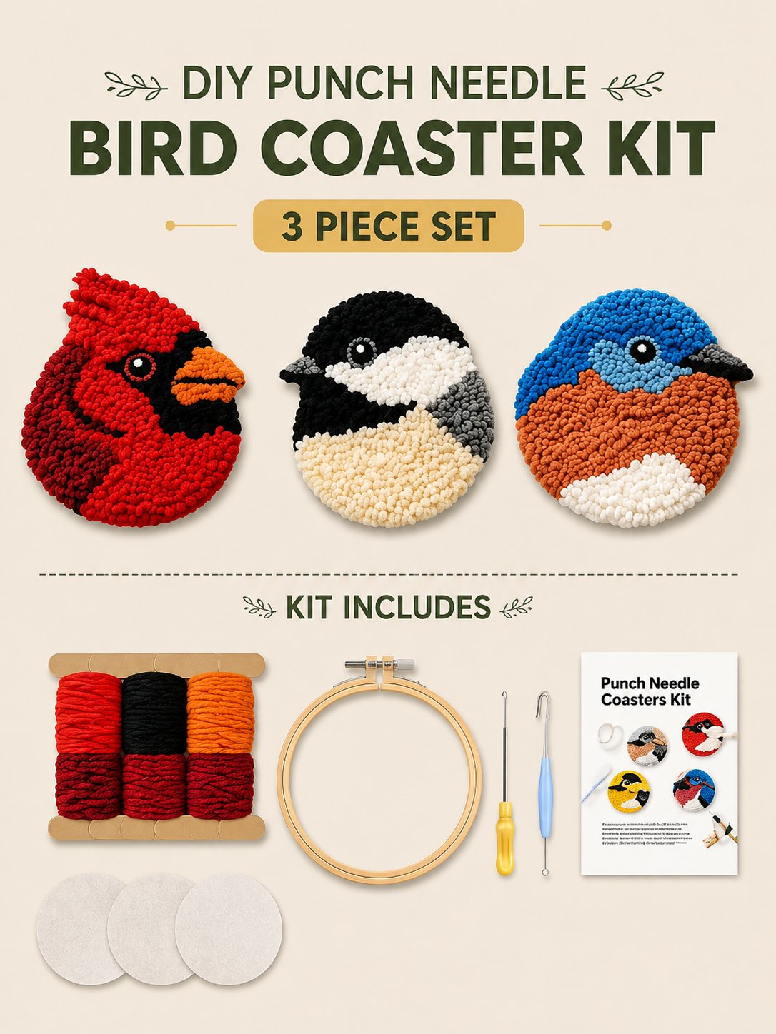 🧵Adatto ai principianti🐦Kit con ago per punch sottobicchieri per uccelli fai-da-t