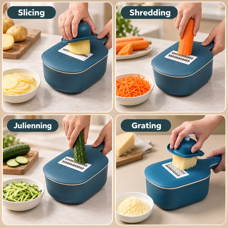 🥗 Tagliaverdure e grattugia 4-in-1 – Affettare e grattugiare facilmente, con contenitore integrato