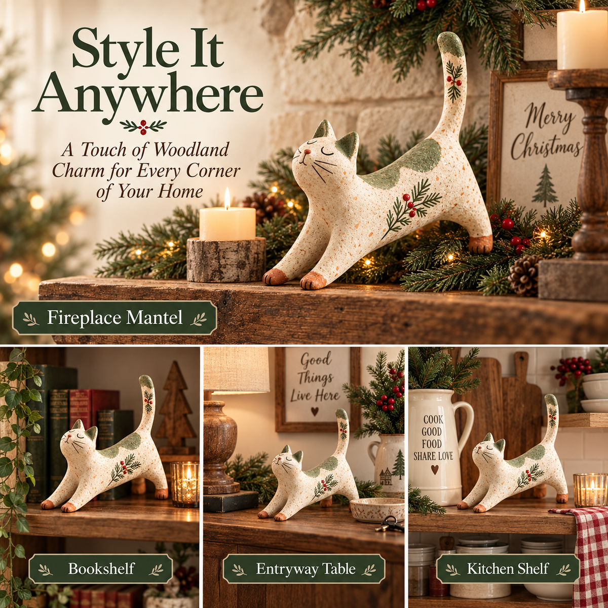 🐈🎄 Statuetta natalizia di gatto woodland--un tocco rustico e accogliente per la casa delle feste