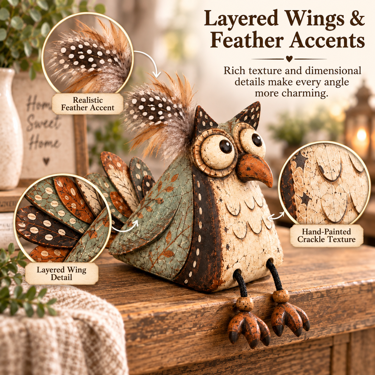 🦉🍂 Statuetta di gufo rustico per mensola--gambe penzolanti per un tocco country