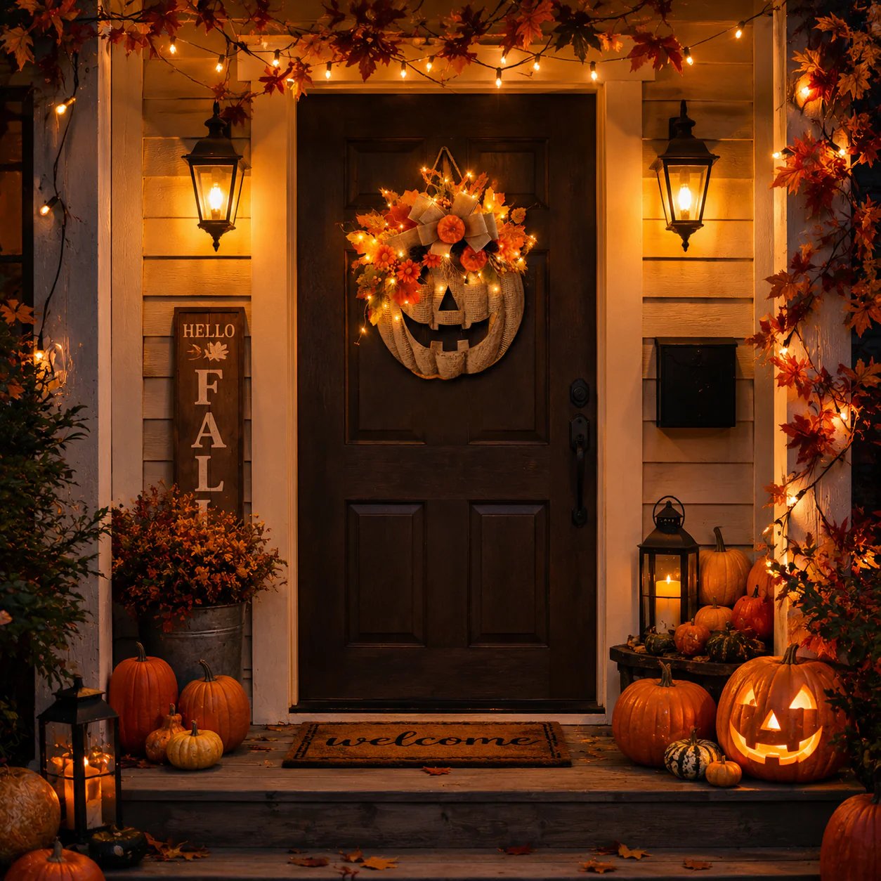 🎃✨ Decorazione autunnale per la porta con zucca luminosa in lino 🎃✨