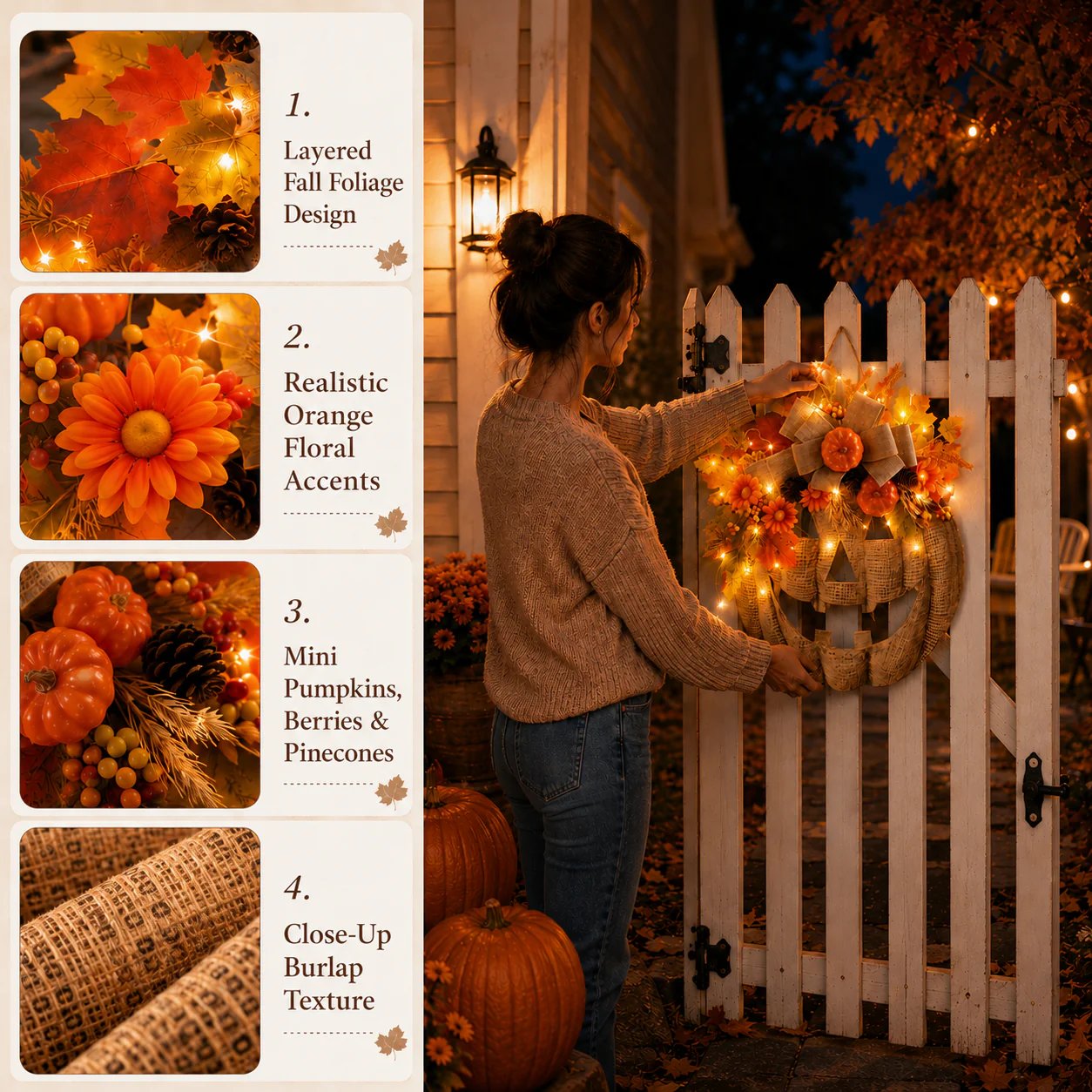 🎃✨ Decorazione autunnale per la porta con zucca luminosa in lino 🎃✨