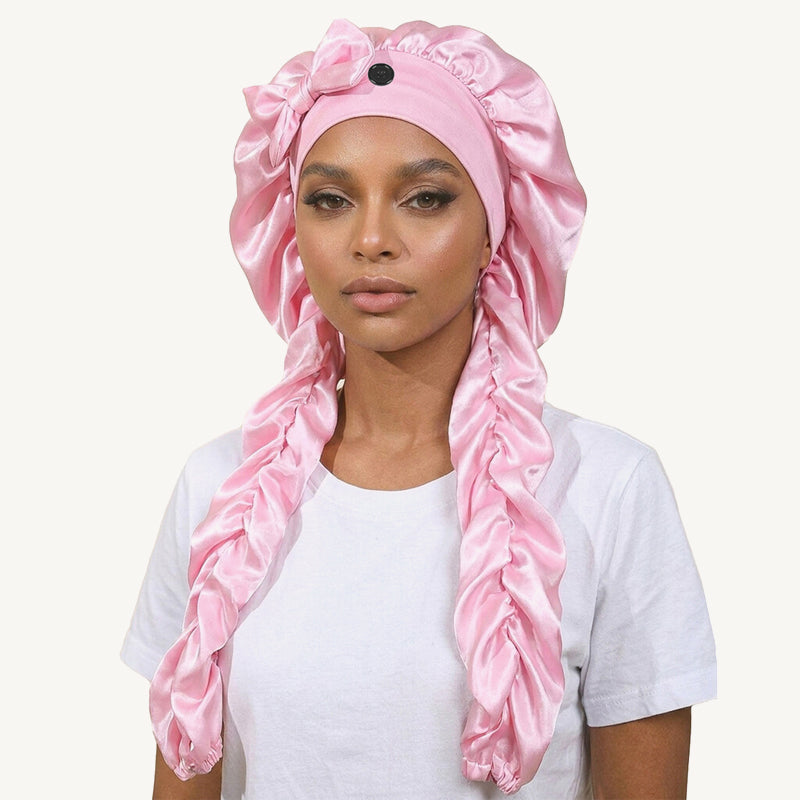✨Cuffia da notte antiscivolo con fiocco per capelli lunghi in seta：❤️ideale per dormire tutta la notte.