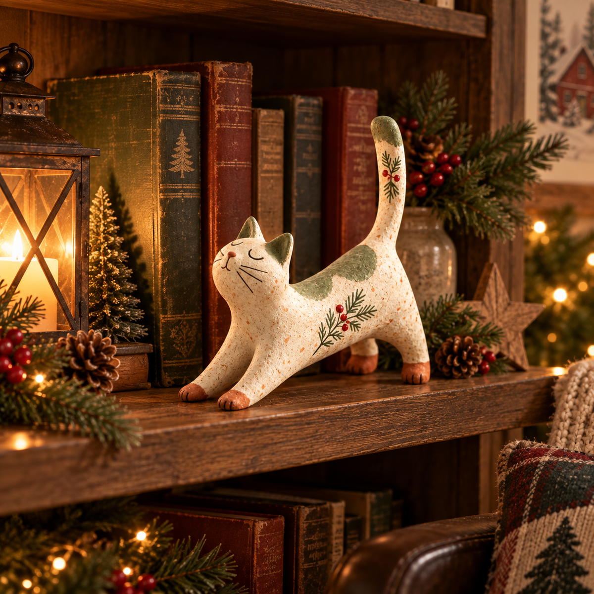 🐈🎄 Statuetta natalizia di gatto woodland--un tocco rustico e accogliente per la casa delle feste