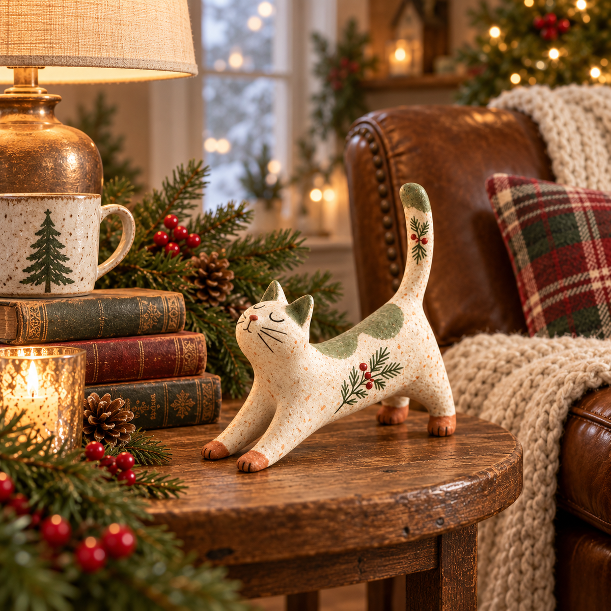 🐈🎄 Statuetta natalizia di gatto woodland--un tocco rustico e accogliente per la casa delle feste