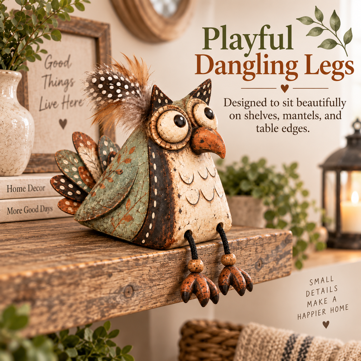 🦉🍂 Statuetta di gufo rustico per mensola--gambe penzolanti per un tocco country