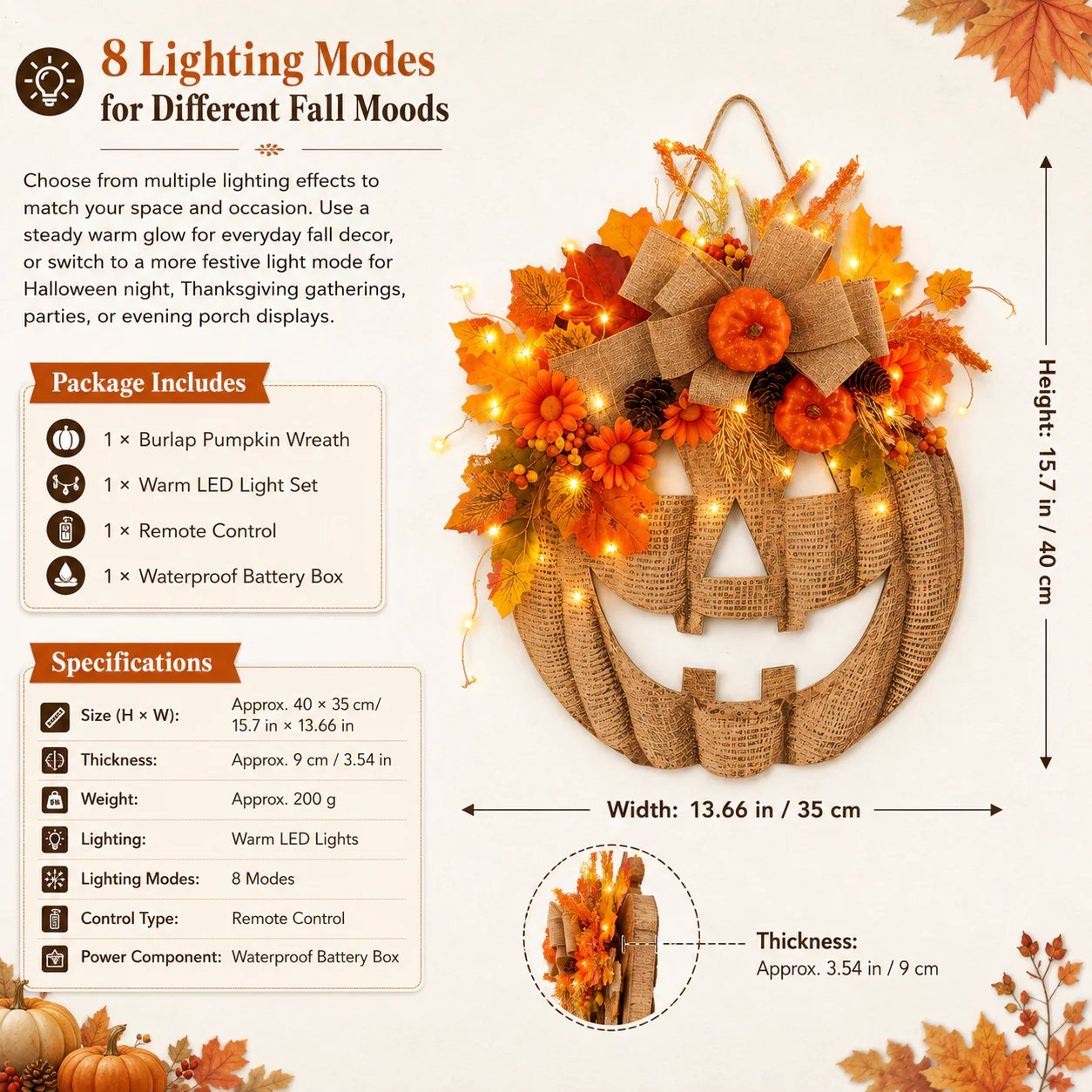 🎃✨ Decorazione autunnale per la porta con zucca luminosa in lino 🎃✨