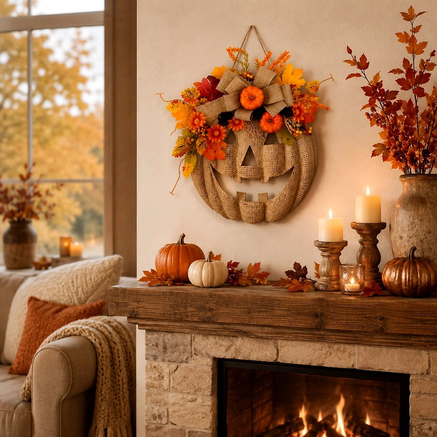 🎃✨ Decorazione autunnale per la porta con zucca luminosa in lino 🎃✨