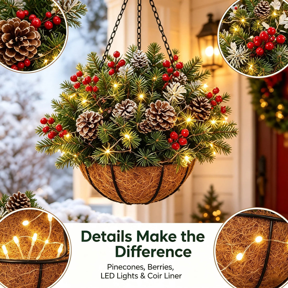 🌿✨Cesto sospeso pre-illuminato — Decorazione in fogliame sempreverde con luci LED, resistente alle intemperie e a zero manutenzione