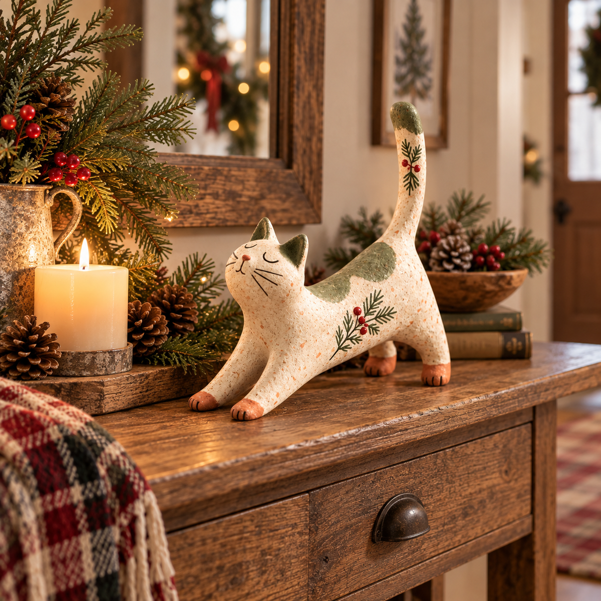 🐈🎄 Statuetta natalizia di gatto woodland--un tocco rustico e accogliente per la casa delle feste