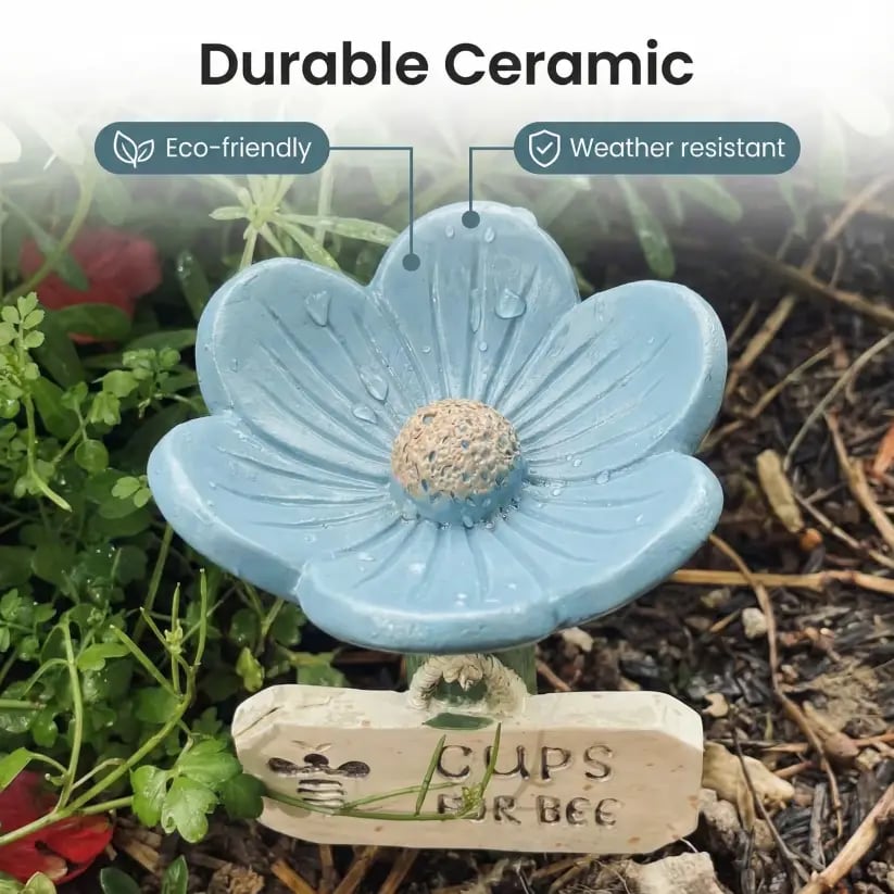 🌸🐝 Stazione api/acqua brevettata – 💧 Fiore in ceramica e protetto contro zanzare e formich