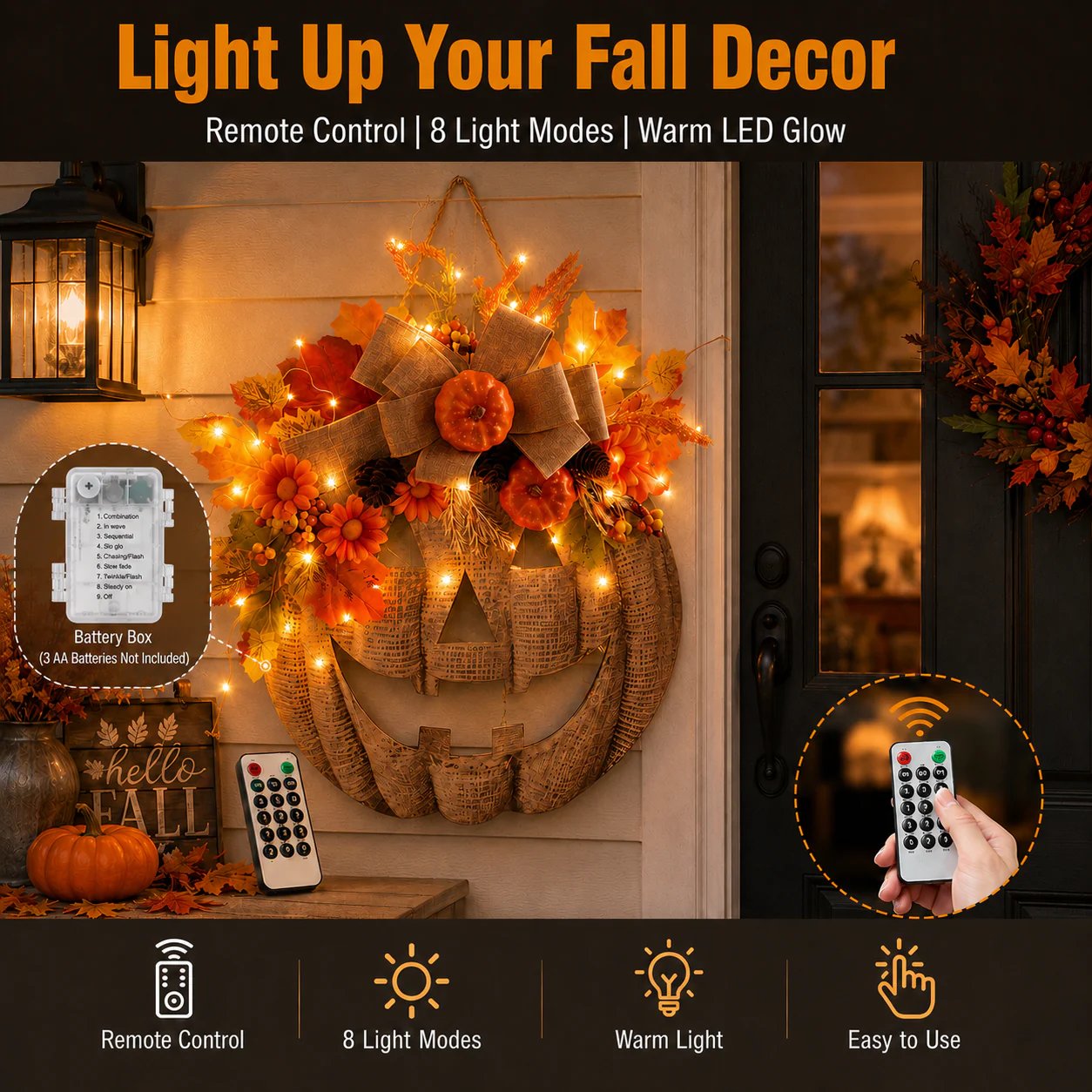 🎃✨ Decorazione autunnale per la porta con zucca luminosa in lino 🎃✨